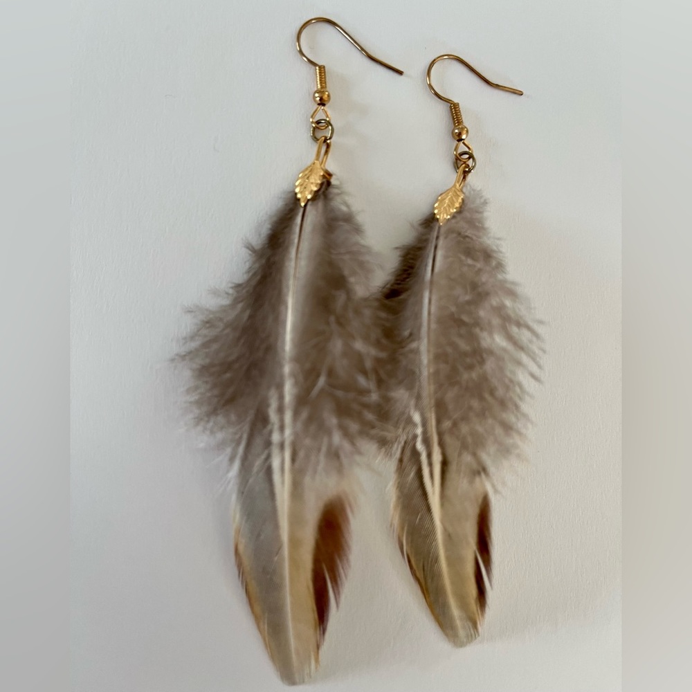 Boho feather earrings - pheasant feathers - gold plated brass - handcrafted